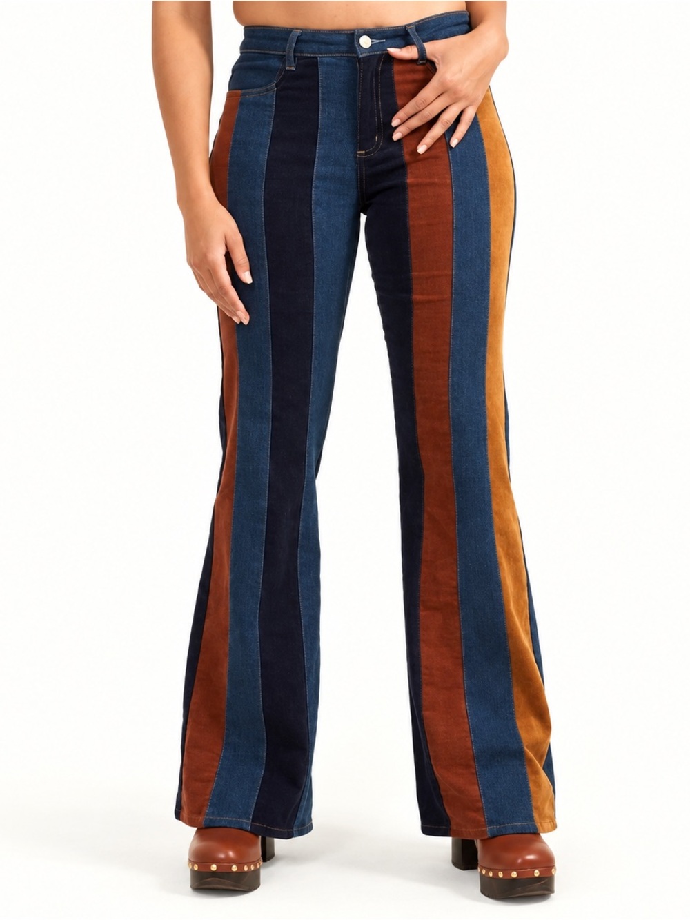 Altar’d State Faux Suede Patchwork Striped Flare Jeans
